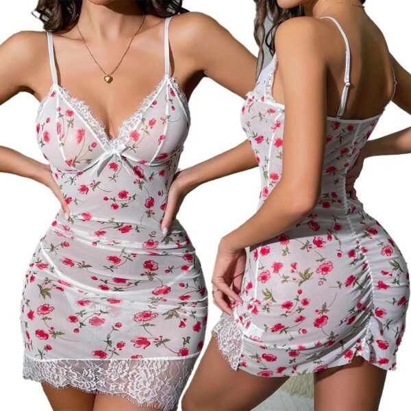 Summer Mesh Pajama  Dress Floral Printed Lace Sleepwear for Women Home V-neck with Strap Camisole Thong Hot Mini Nightdress - Image 2