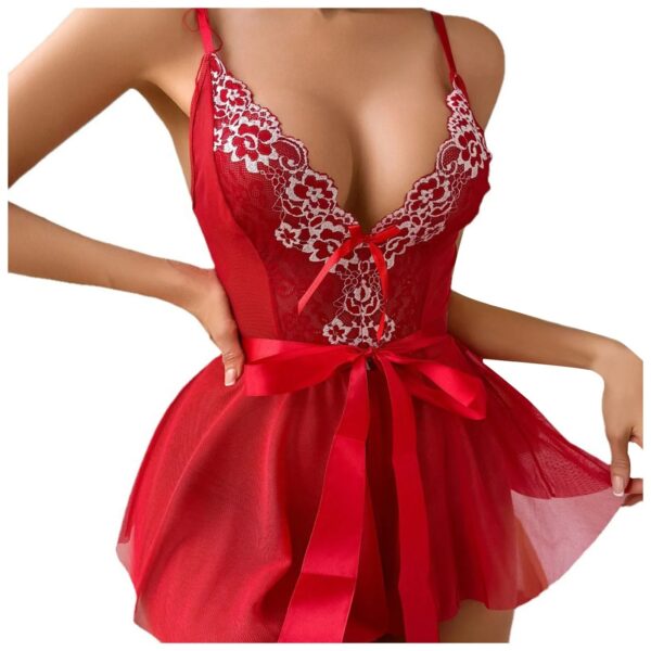 Red Lace Nightdress Womens Lingeries Floral Embroidery Suspender Tie Waist Bodysuits Erotic Intimate Underwear - Image 4