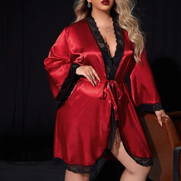 Red Lady Sleepwear Morning Kimono Gown Plus Size Robe - Image 4