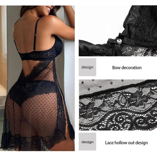 Women's Camisole One Piecesleepwear Set with Mesh Perspective High Slit Dress Paired with Lace Underwear  Sleepwear Set - Image 3