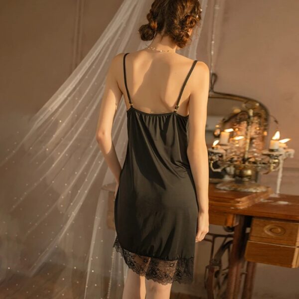 Women Simple Nightgown Lace Patchwork Spaghetti Strap Silk-like Pajamas Nightdress - Image 3